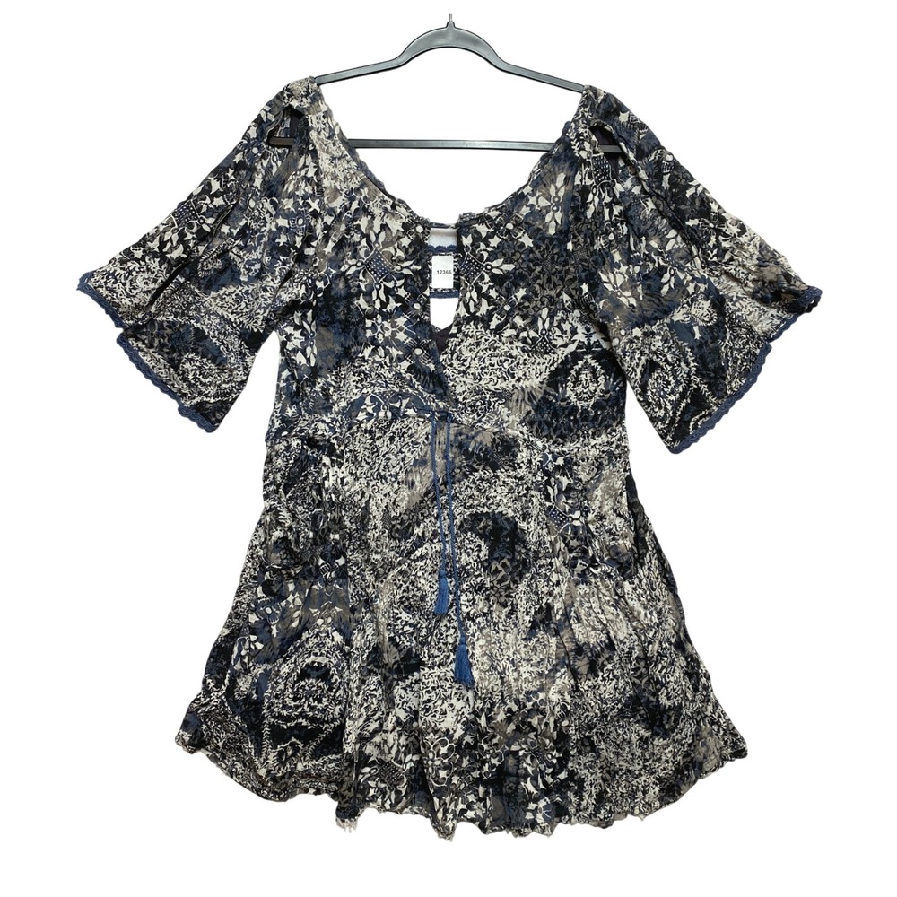 Free People Dress Womens M Blue Love Birds Cold Shoulder Tunic